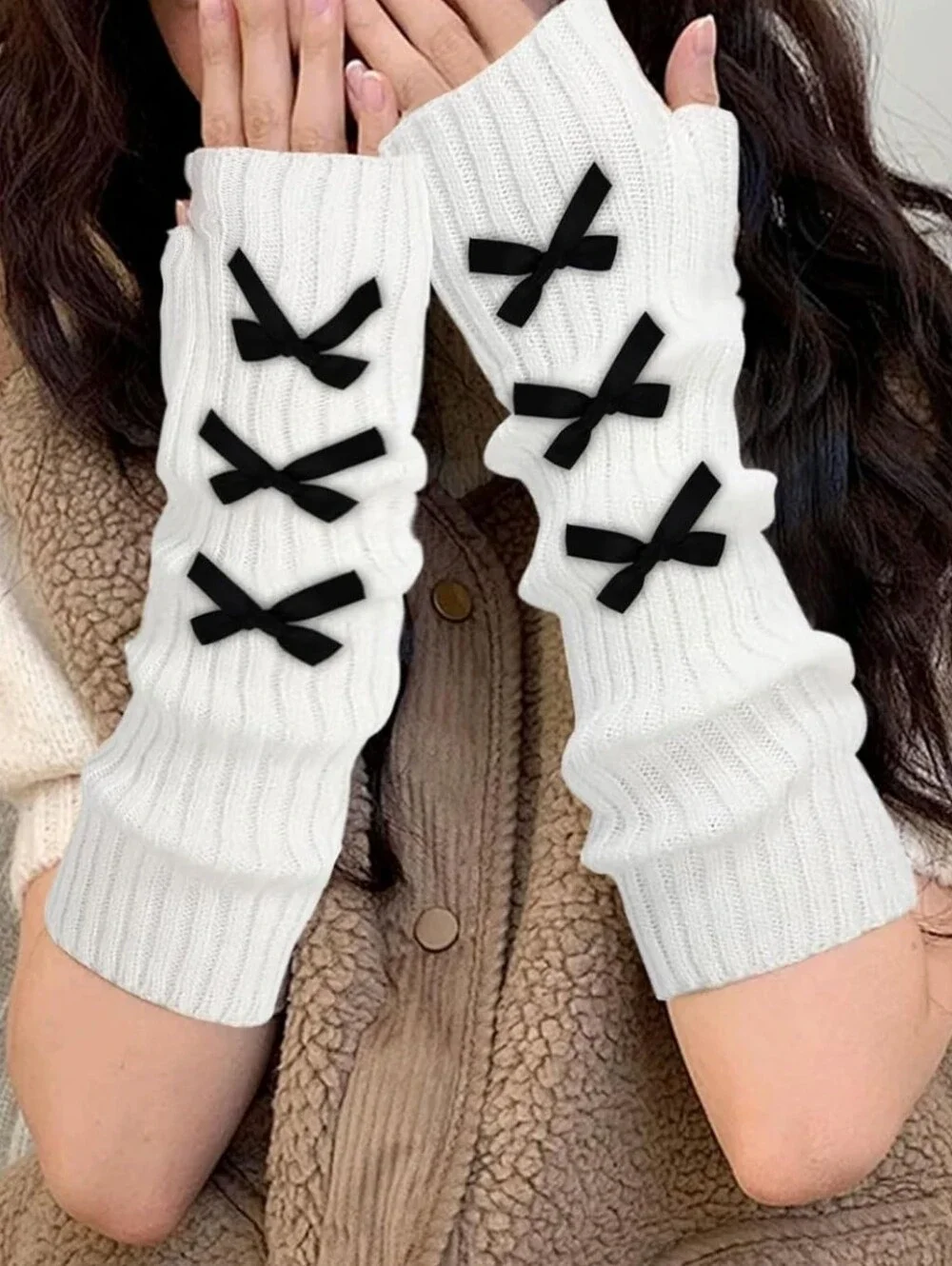 Women’s White Knit Arm Warmers with Black Bows